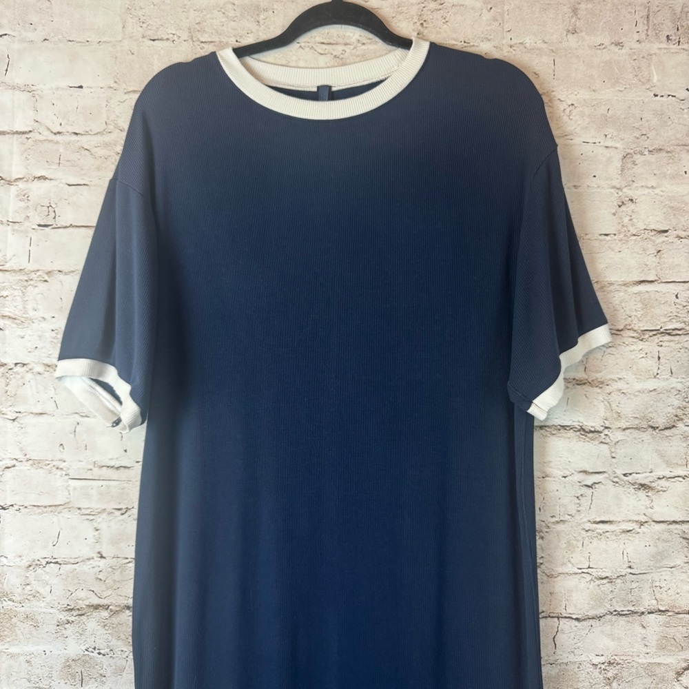 SKIMS Small Soft Lounge Ringer T-Shirt Maxi Dress Navy Blue White Short Sleeve S - Picture 5 of 10